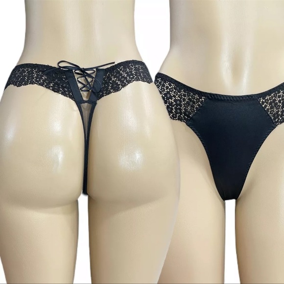 Victorias Secret Very Sexy LUXE Lingerie Satin Lace Thong Panty Black S - Picture 2 of 2